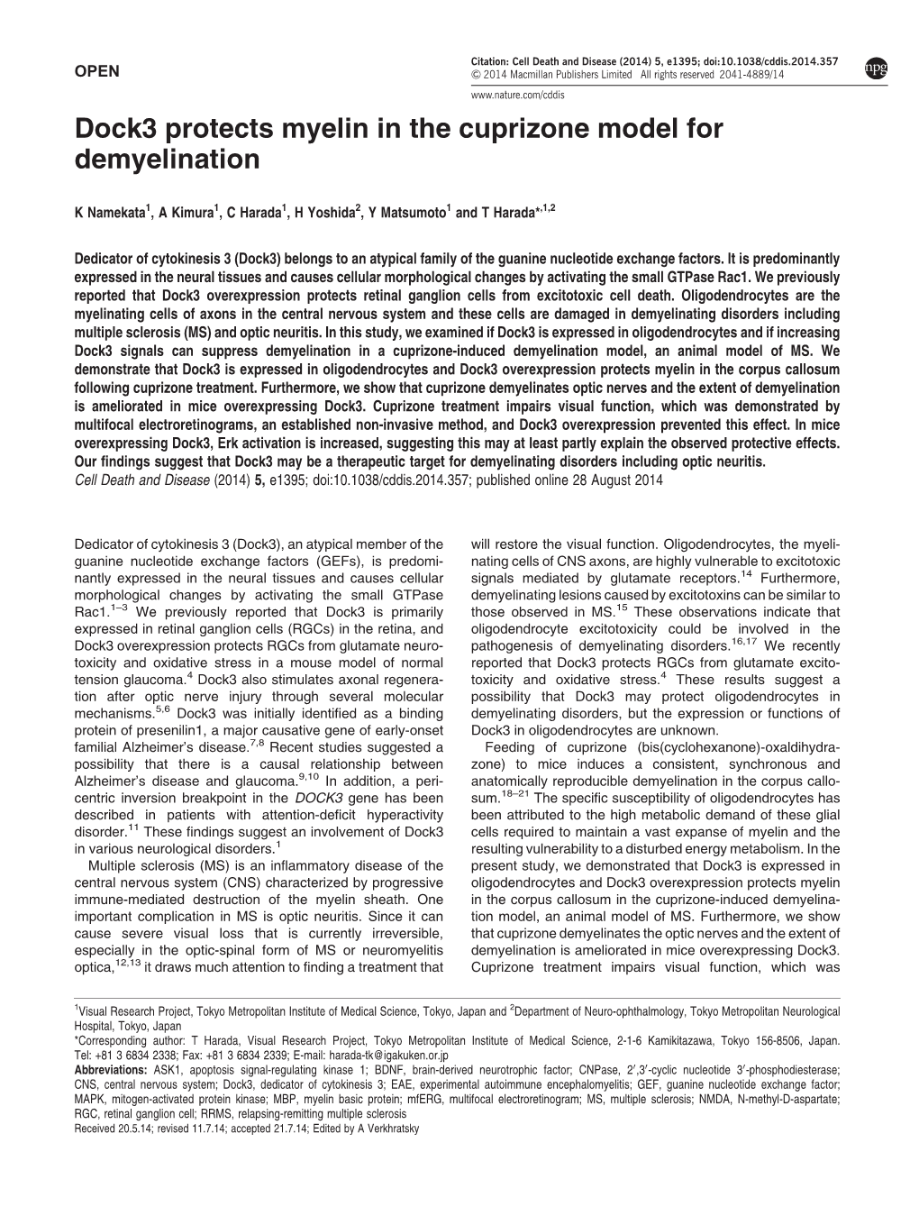 Dock3 Protects Myelin in the Cuprizone Model for Demyelination