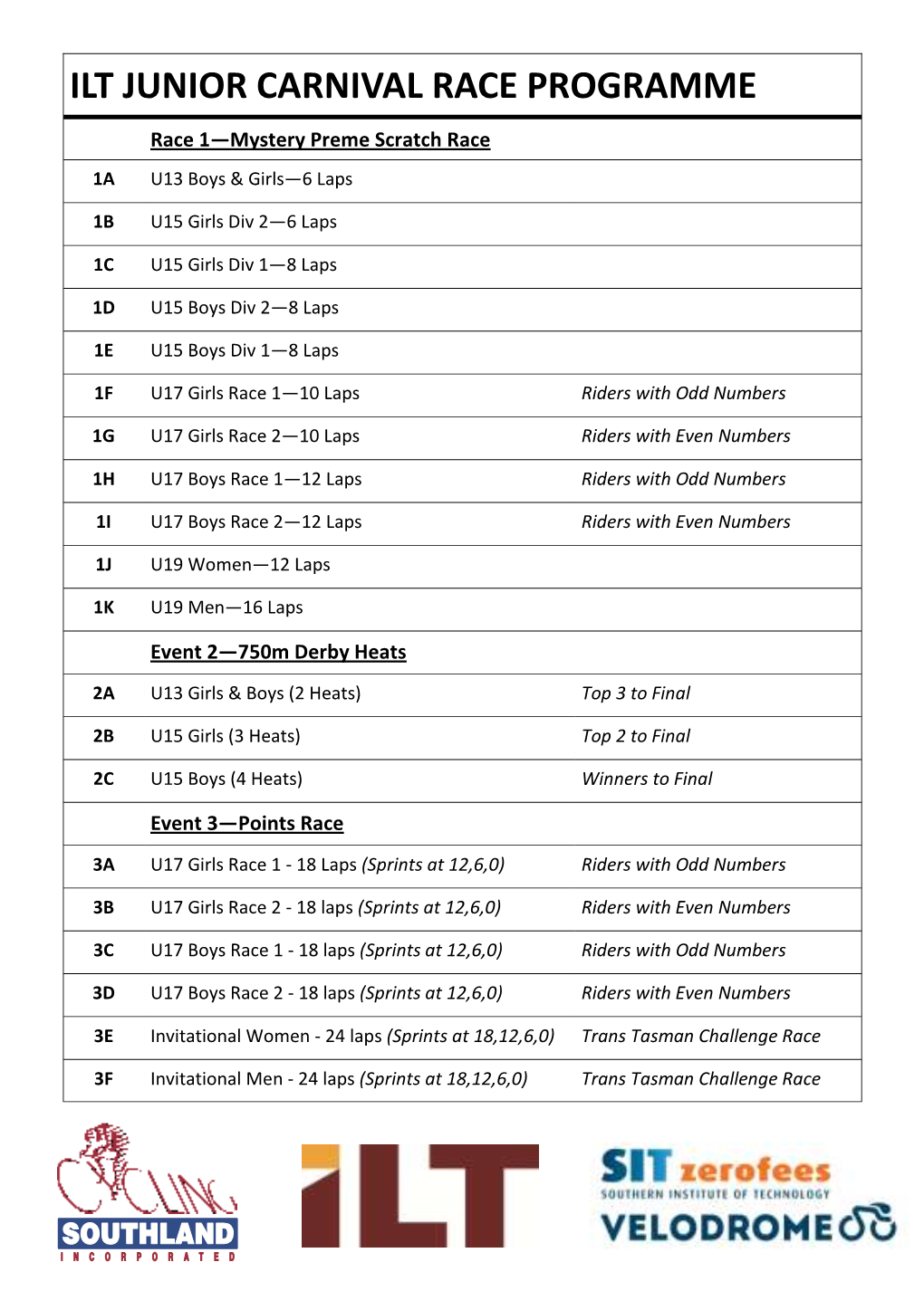 Ilt Junior Carnival Race Programme