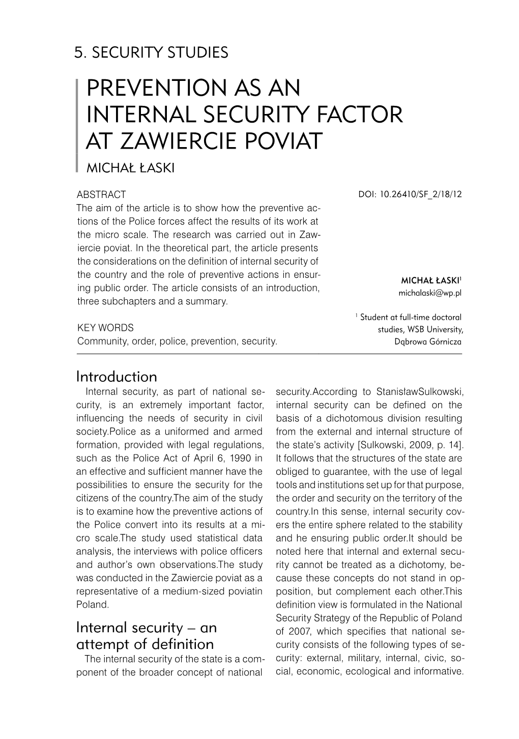 Prevention As an Internal Security Factor at Zawiercie Poviat Michał Łaski