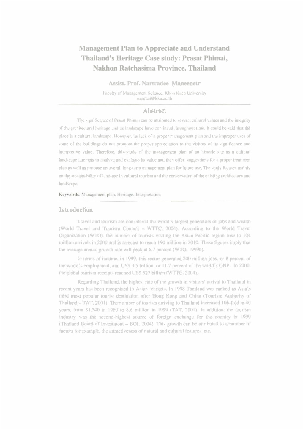 Management Plan to Appreciate and Understand Nakhon Ratchasima