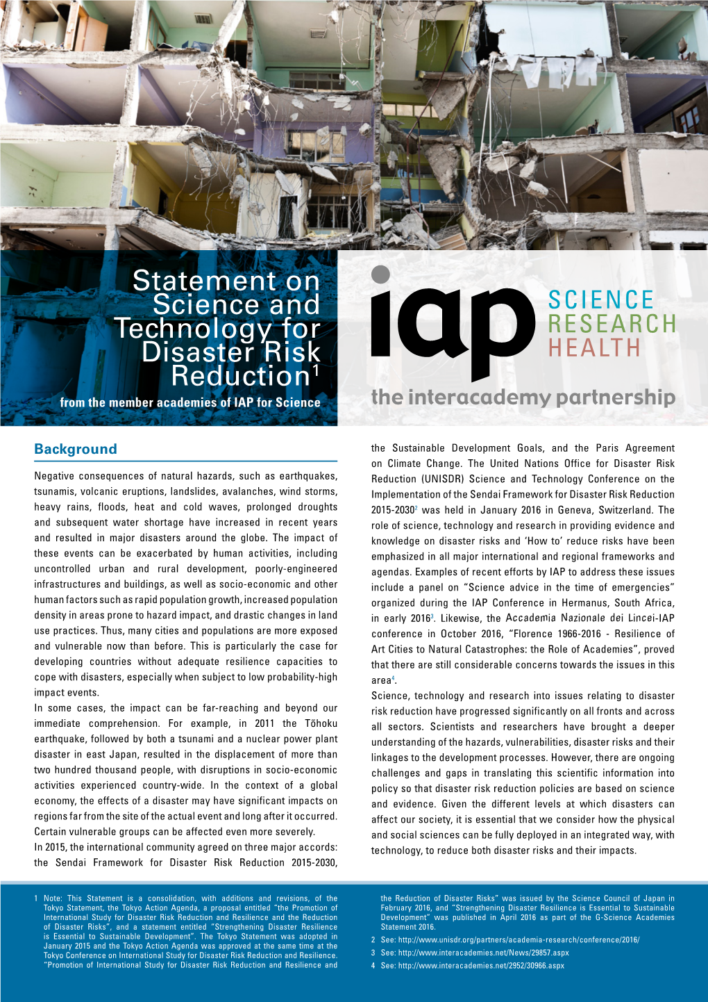 Statement on Science and Technology for Disaster Risk Reduction1 from the Member Academies of IAP for Science