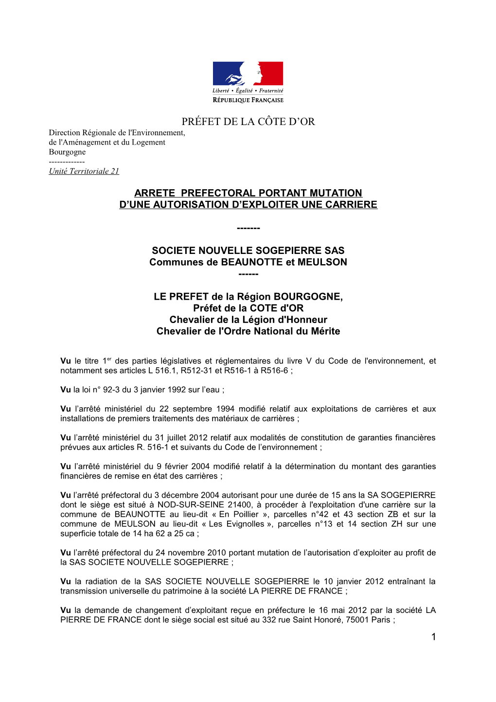 Arrêté Préfectoral Du 22/12/2014 Portant Mutation D