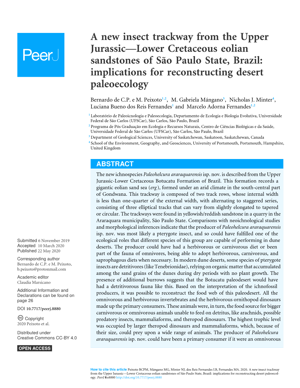 A New Insect Trackway from the Upper Jurassic—Lower Cretaceous Eolian Sandstones of São Paulo State, Brazil: Implications for Reconstructing Desert Paleoecology