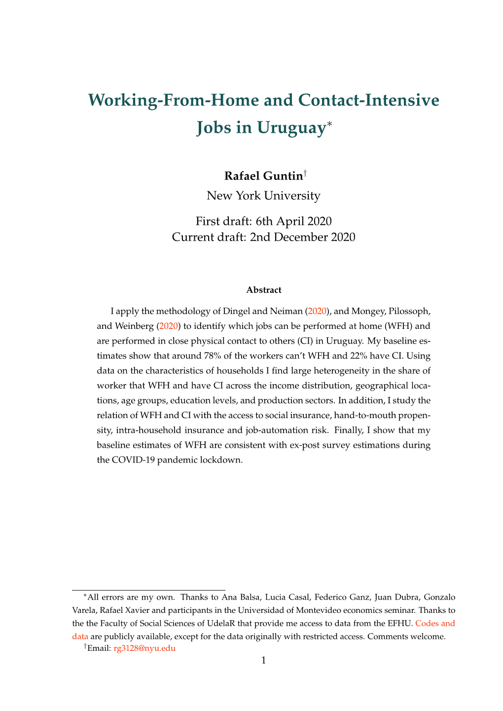 Working-From-Home and Contact-Intensive Jobs in Uruguay∗