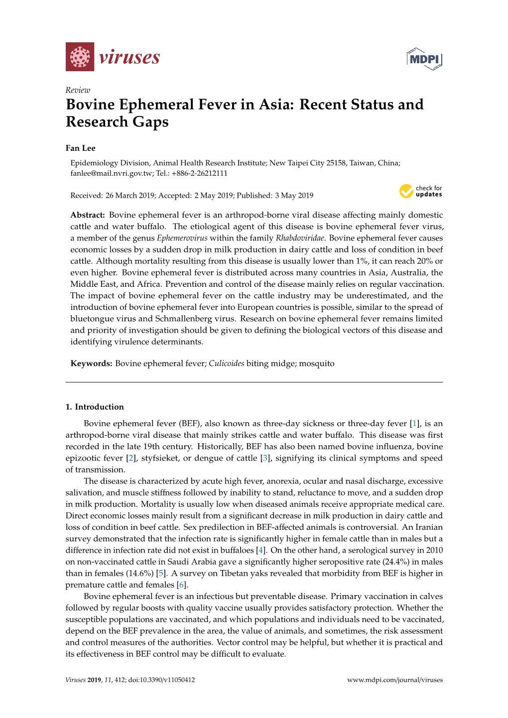 Bovine Ephemeral Fever in Asia: Recent Status and Research Gaps