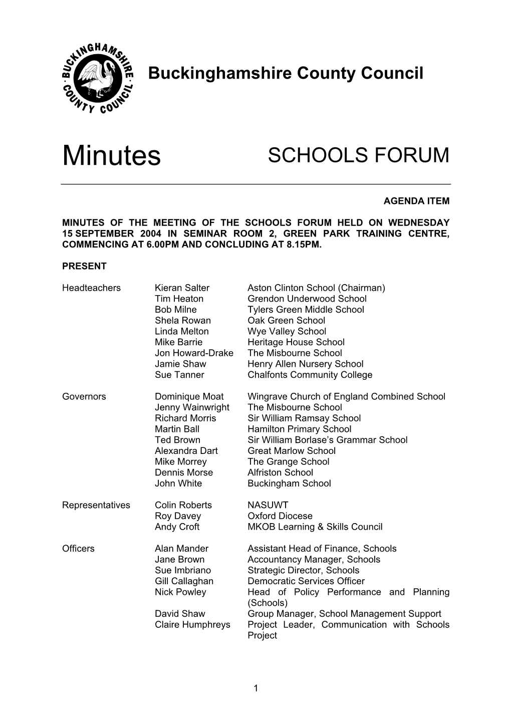 Schools Forum Minutes 15 September 2004