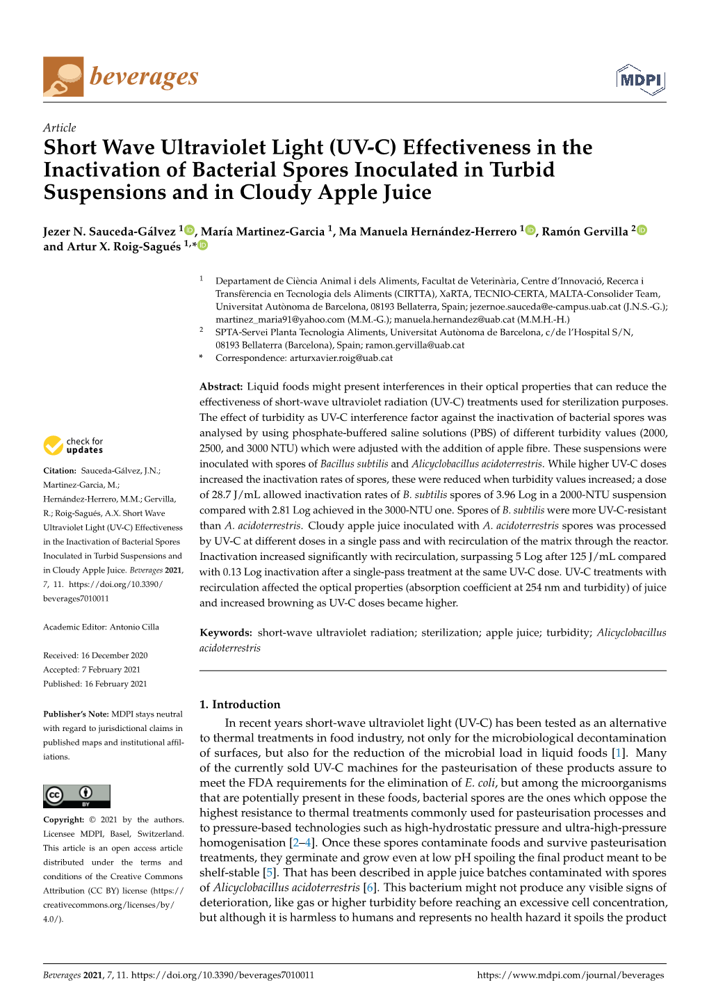 UV-C) Effectiveness in the Inactivation of Bacterial Spores Inoculated in Turbid Suspensions and in Cloudy Apple Juice