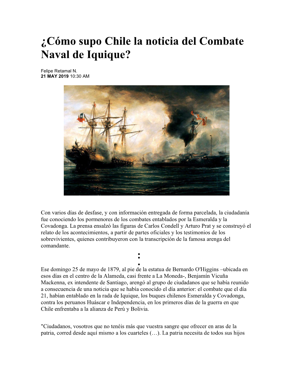 ¿Cómo Supo Chile La Noticia Del Combate Naval De Iquique?