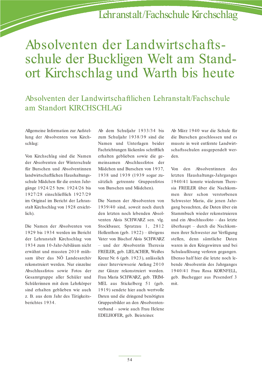 Absolventen Der Landwirtschafts- Schule Der Buckligen Welt Am Stand- Ort Kirchschlag Und Warth Bis Heute