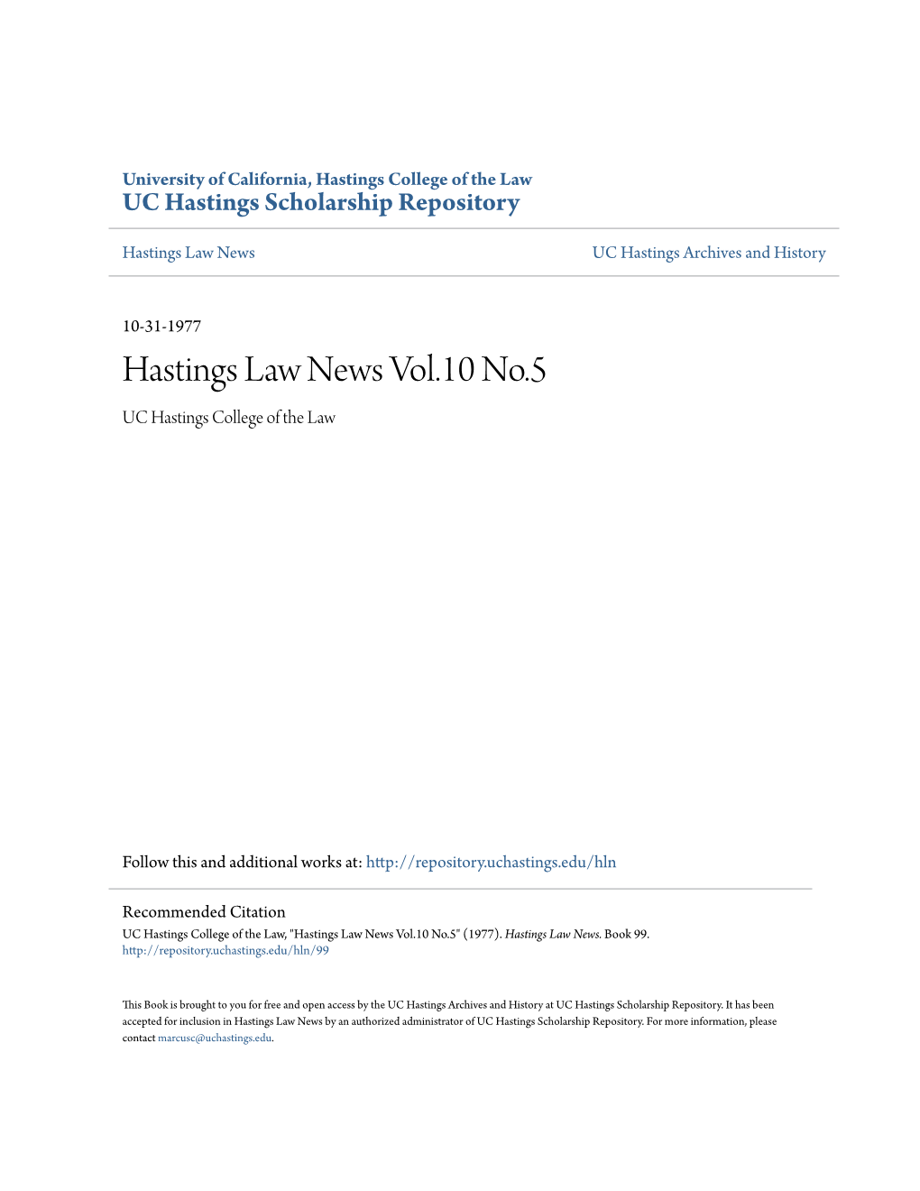 Hastings Law News Vol.10 No.5 UC Hastings College of the Law