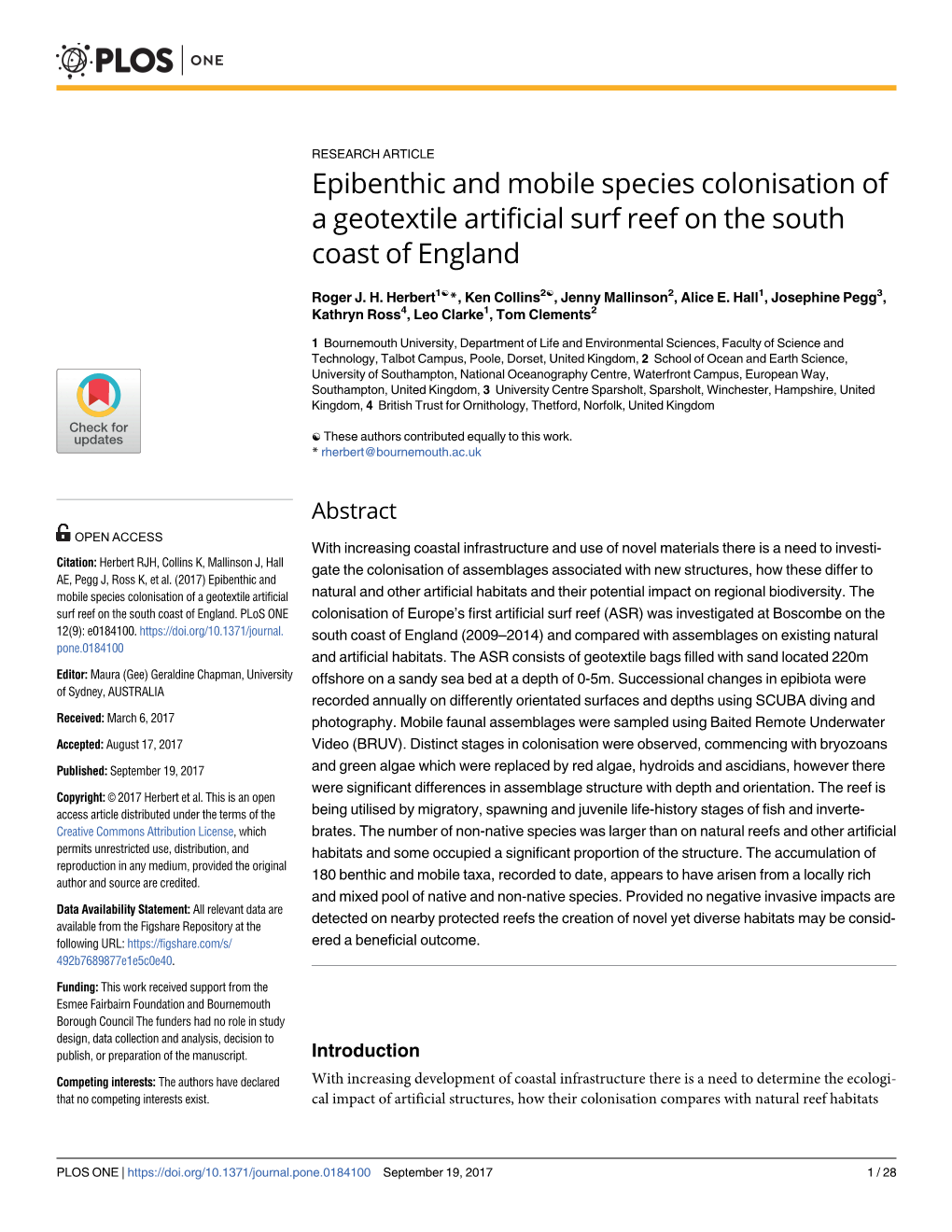 Epibenthic and Mobile Species Colonisation of a Geotextile Artificial Surf Reef on the South Coast of England
