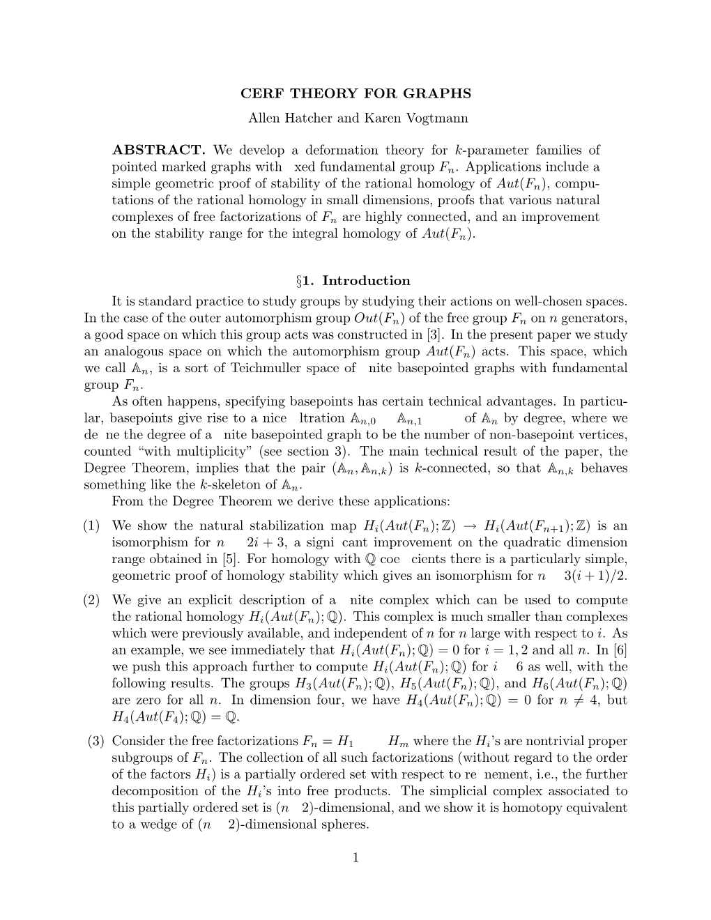 CERF THEORY for GRAPHS Allen Hatcher and Karen Vogtmann