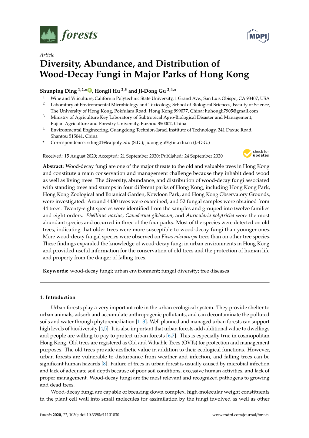 Diversity, Abundance, and Distribution of Wood-Decay Fungi in Major Parks of Hong Kong