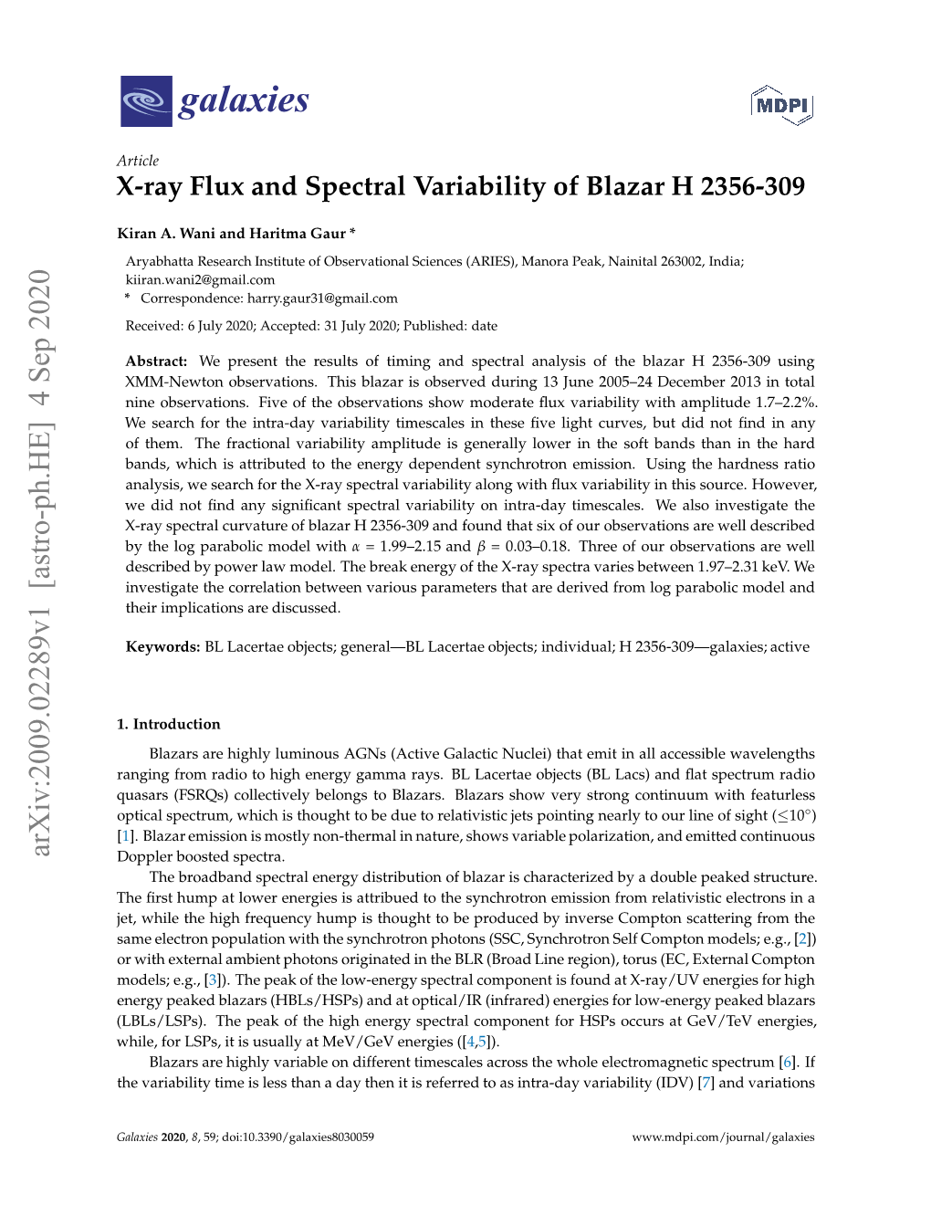X-Ray Flux and Spectral Variability of Blazar H 2356-309