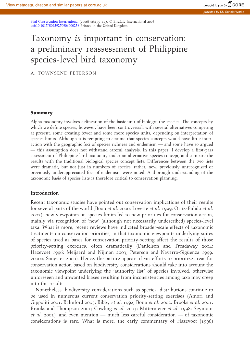 A Preliminary Reassessment of Philippine Species-Level Bird Taxonomy