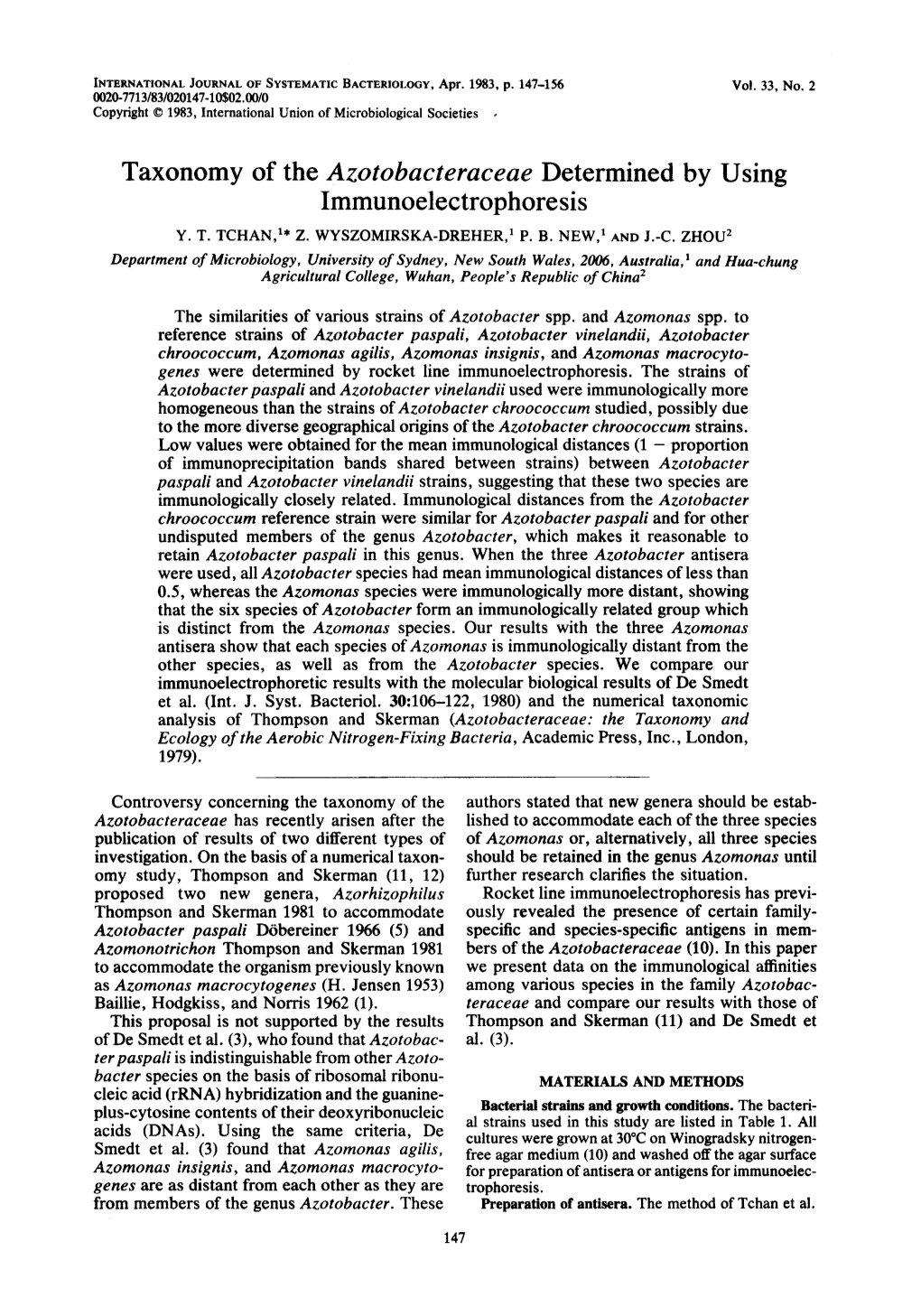 Taxonomy of the Azotobacteraceae Determined by Using Immunoelectrophoresis Y