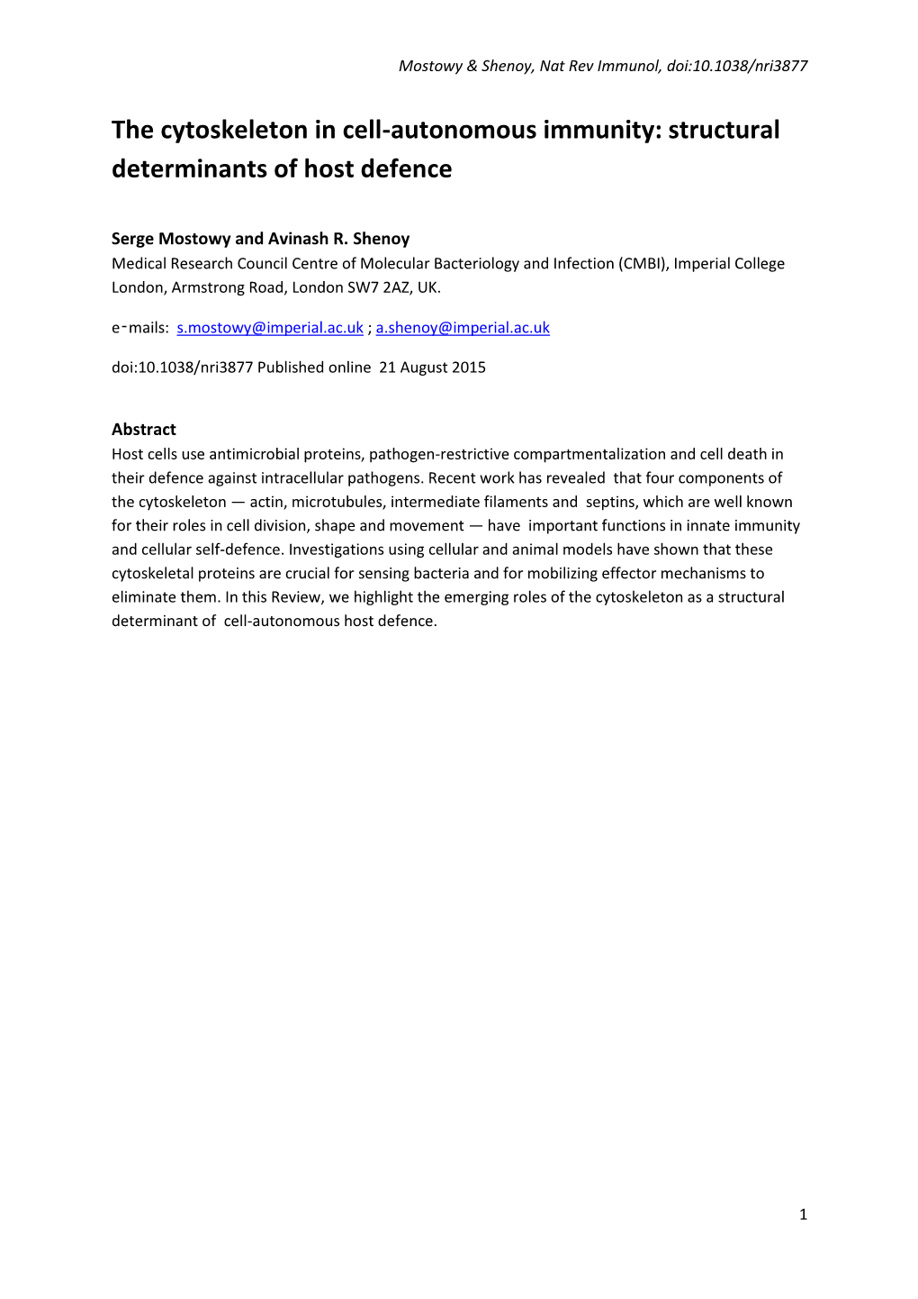 The Cytoskeleton in Cell-Autonomous Immunity: Structural Determinants of Host Defence