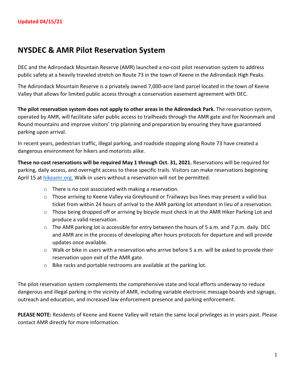 NYSDEC & AMR Pilot Reservation System