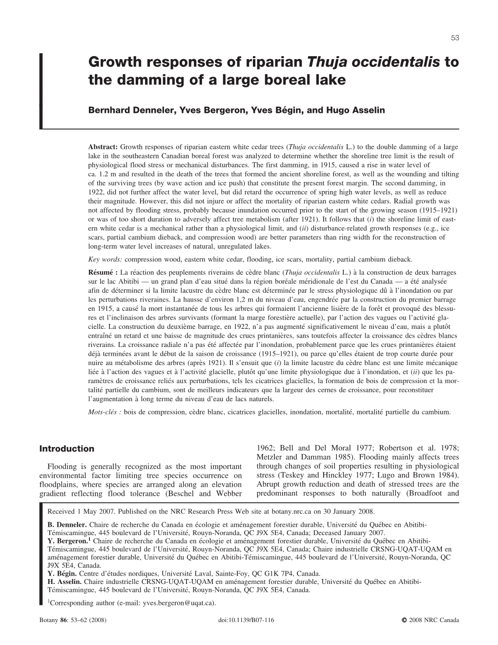 Growth Responses of Riparian Thuja Occidentalis to the Damming of a Large Boreal Lake