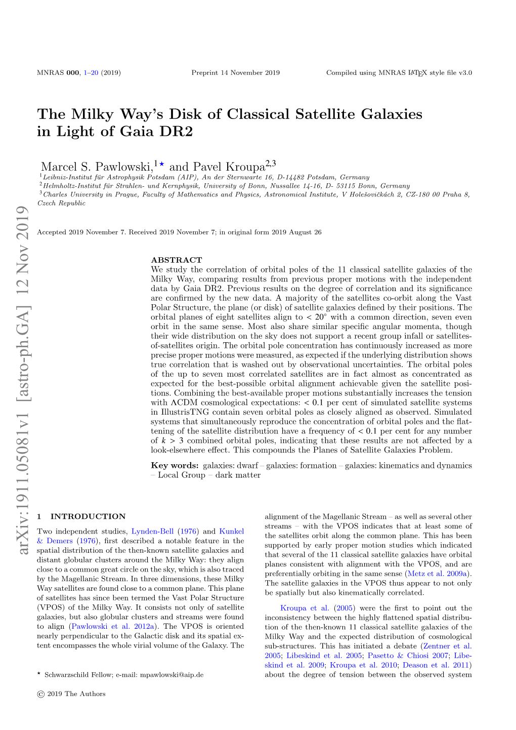 The Milky Way's Disk of Classical Satellite Galaxies in Light of Gaia