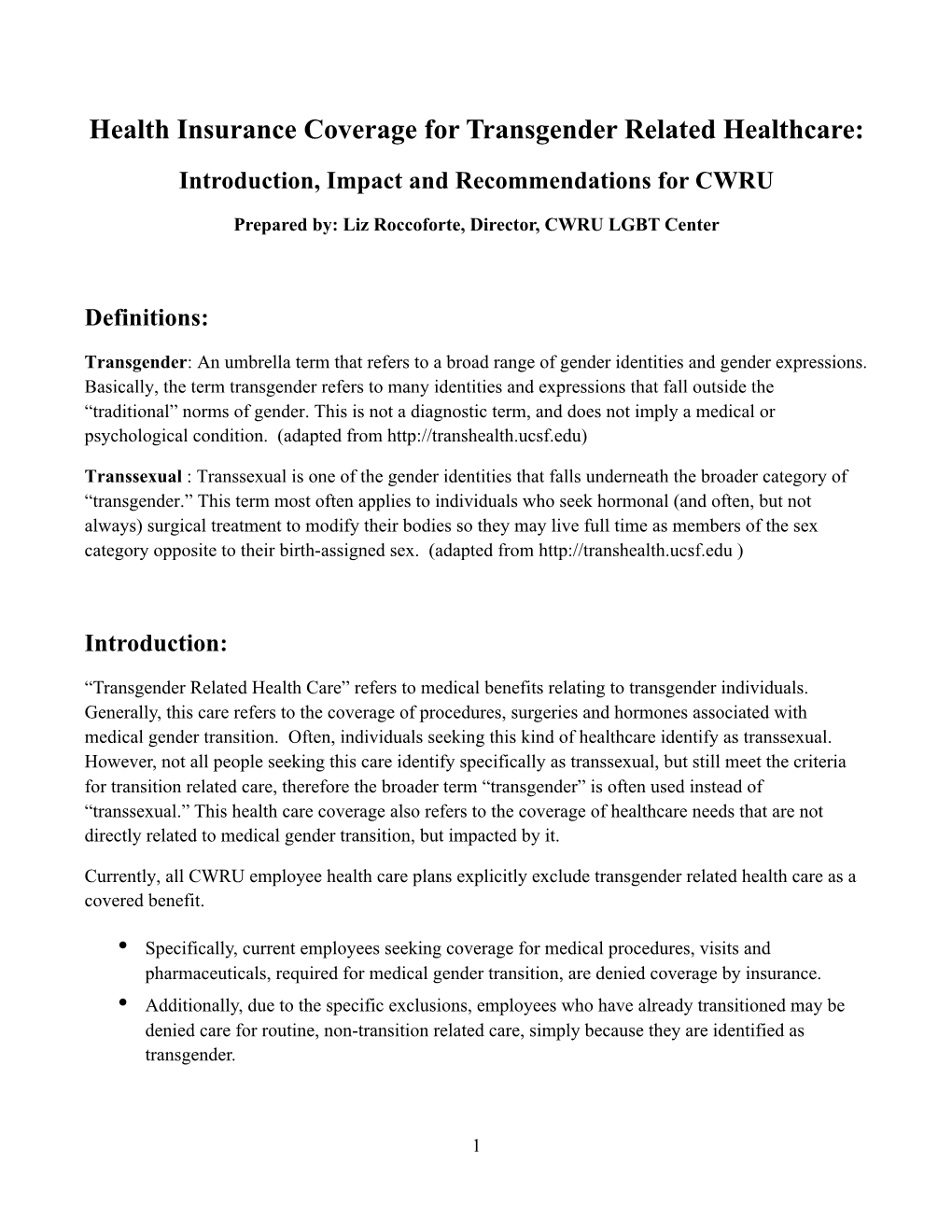 Transgender Health Care Exclusions from CWRU’S Health Care Plans (2013)