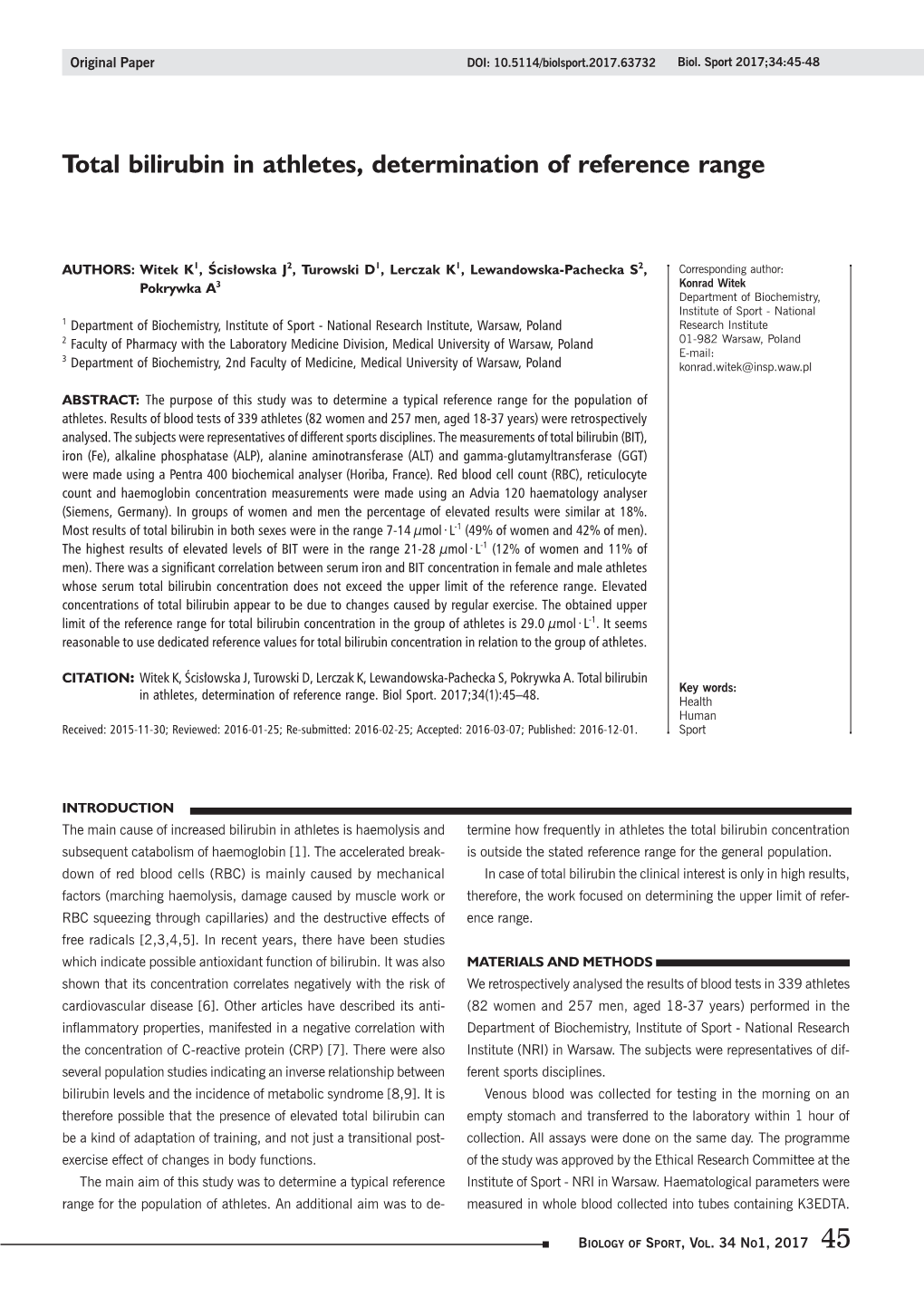 Total Bilirubin in Athletes, Determination of Reference Range