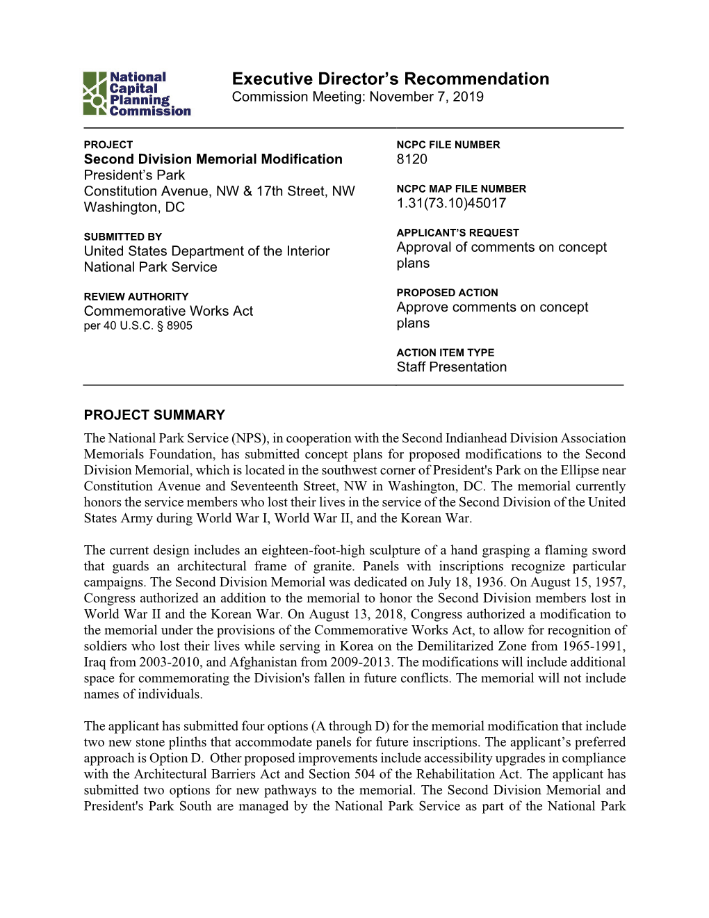 Second Division Memorial Modification 8120 President’S Park Constitution Avenue, NW & 17Th Street, NW NCPC MAP FILE NUMBER Washington, DC 1.31(73.10)45017