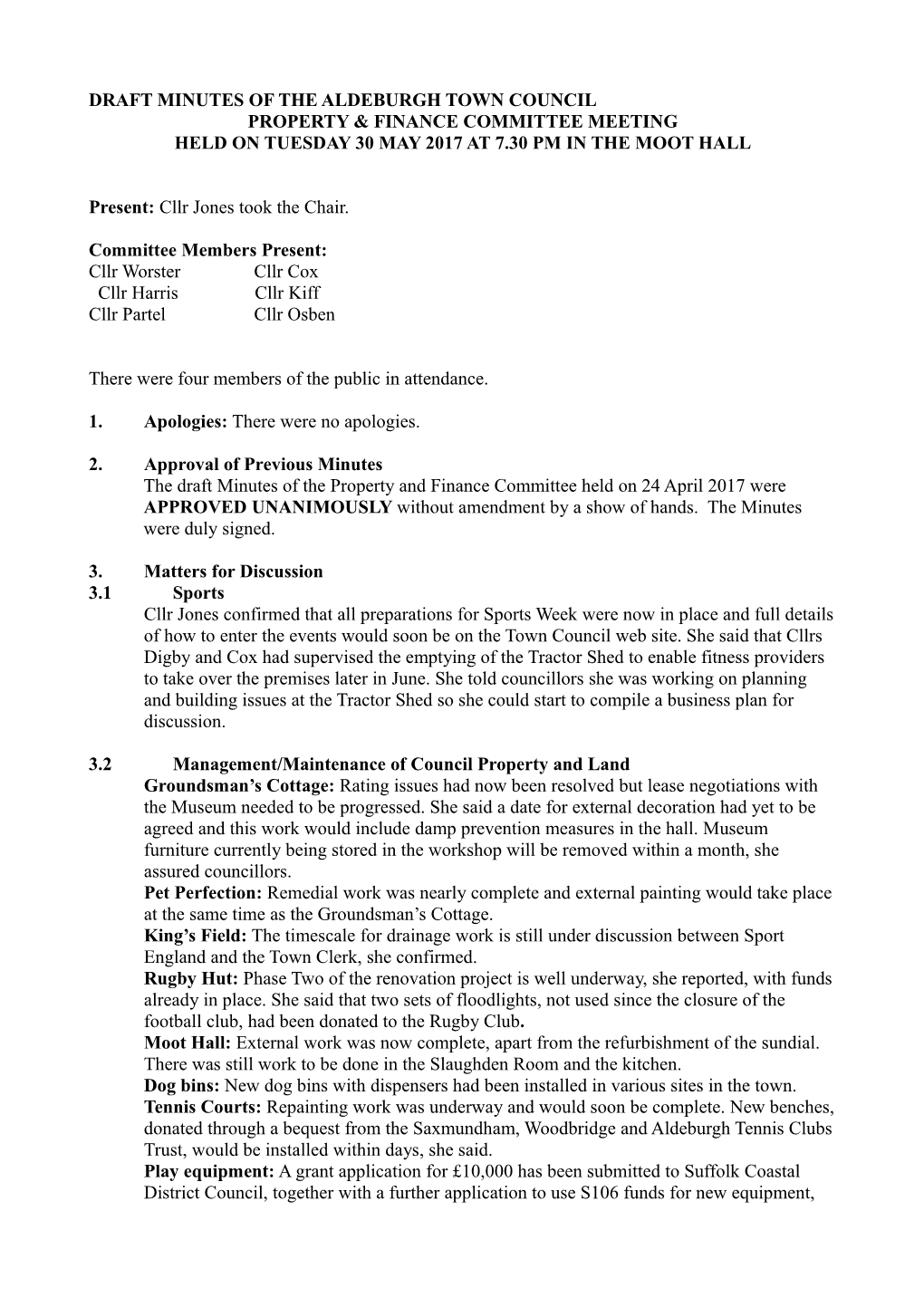 Draft Minutes of the Aldeburgh Town Council