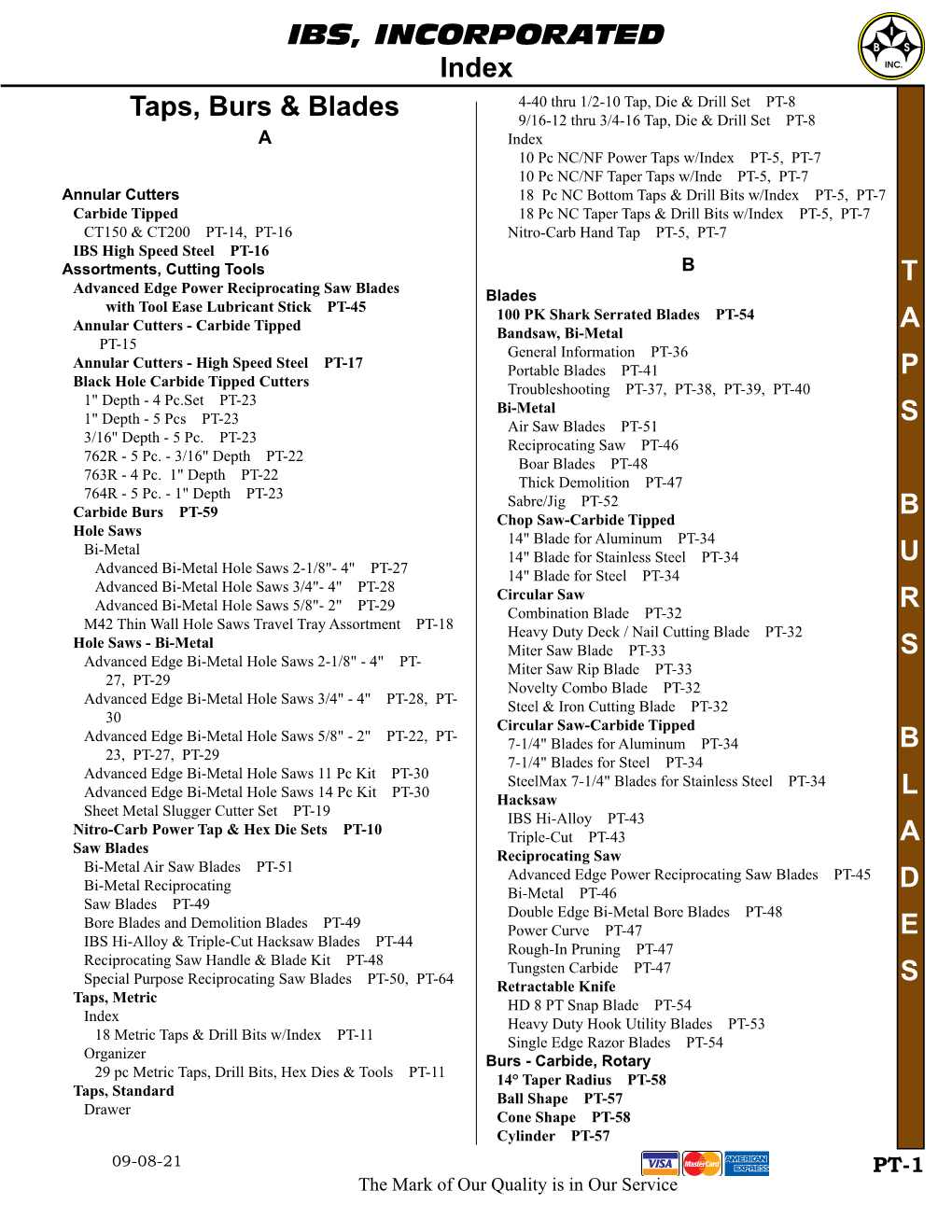 IBS, INCORPORATED T a P S B U R S B L a D E S Index