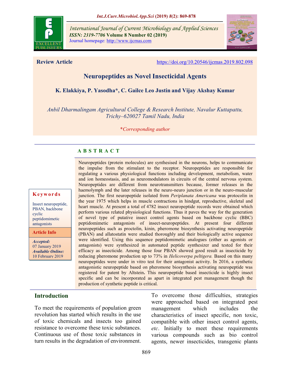 Neuropeptides As Novel Insecticidal Agents