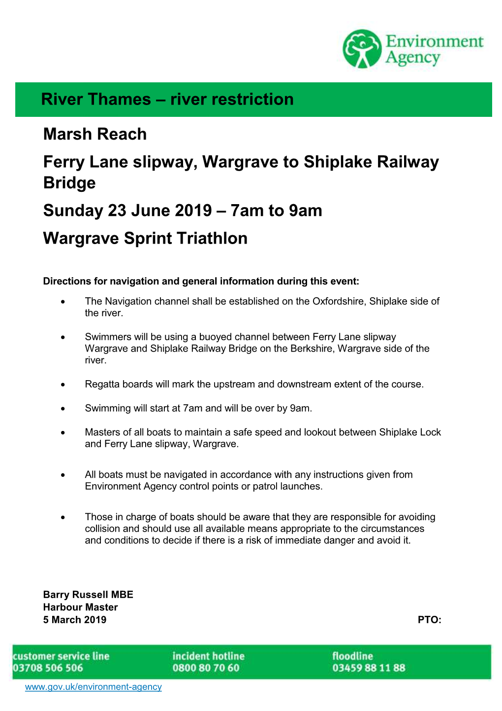 Marsh Reach Ferry Lane Slipway, Wargrave to Shiplake Railway Bridge Sunday 23 June 2019 – 7Am to 9Am Wargrave Sprint Triathlon