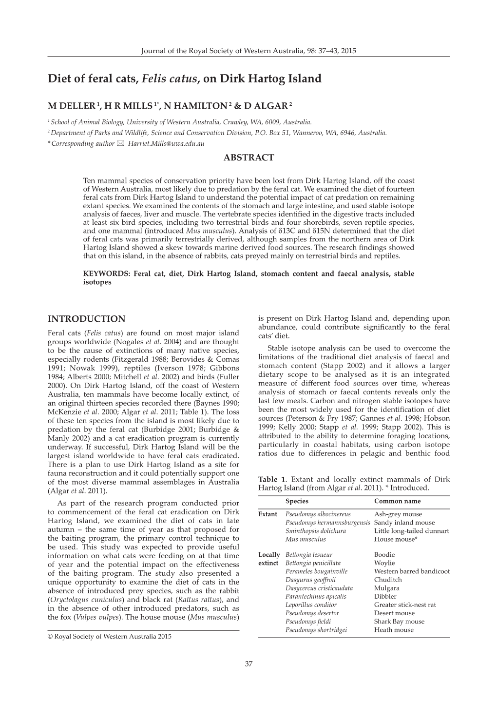 Diet of Feral Cats, Felis Catus, on Dirk Hartog Island