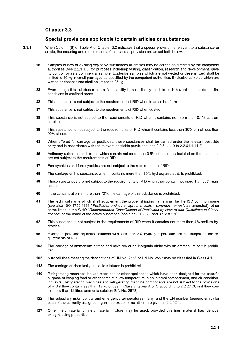 Chapter 3.3 Special Provisions Applicable to Certain Articles Or Substances