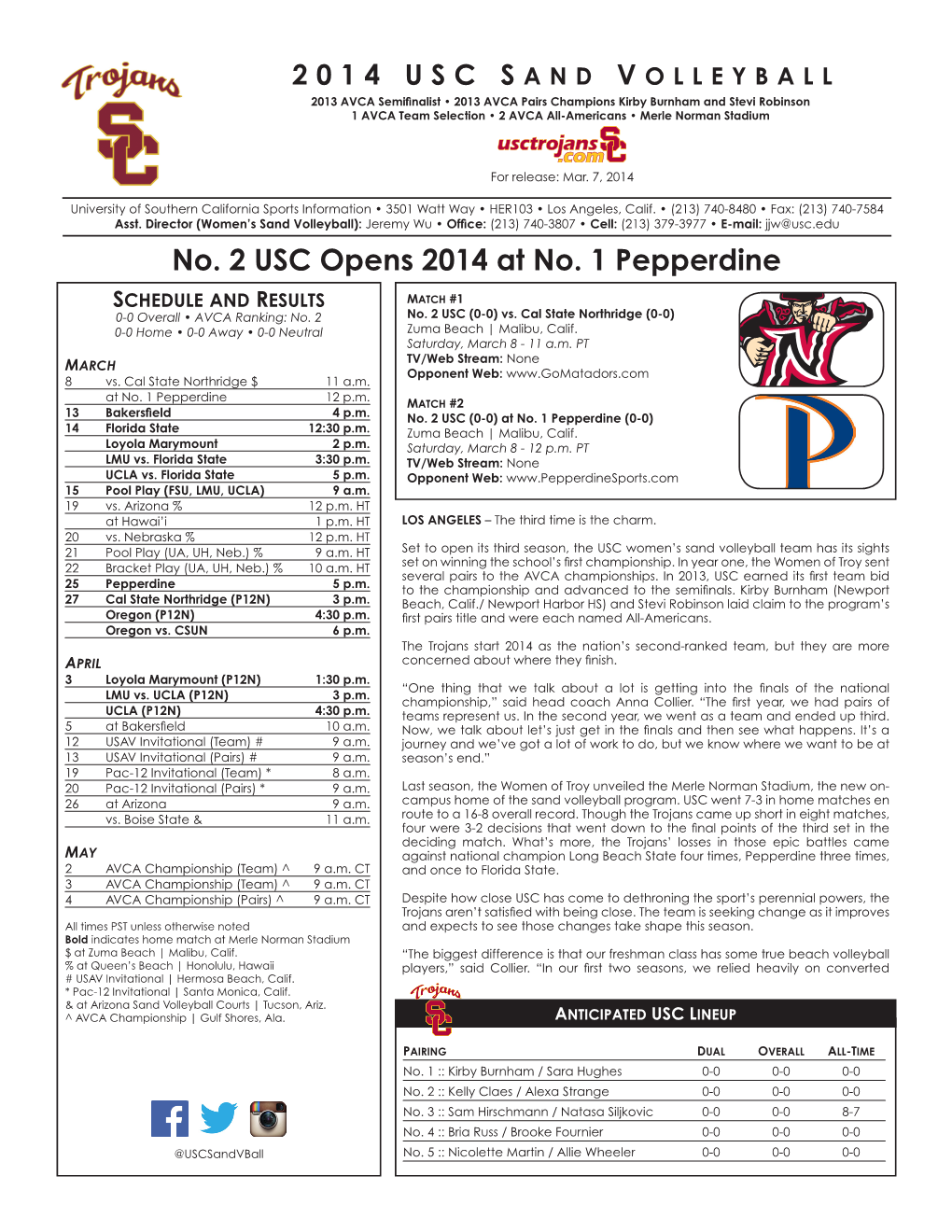 No. 2 USC Opens 2014 at No. 1 Pepperdine