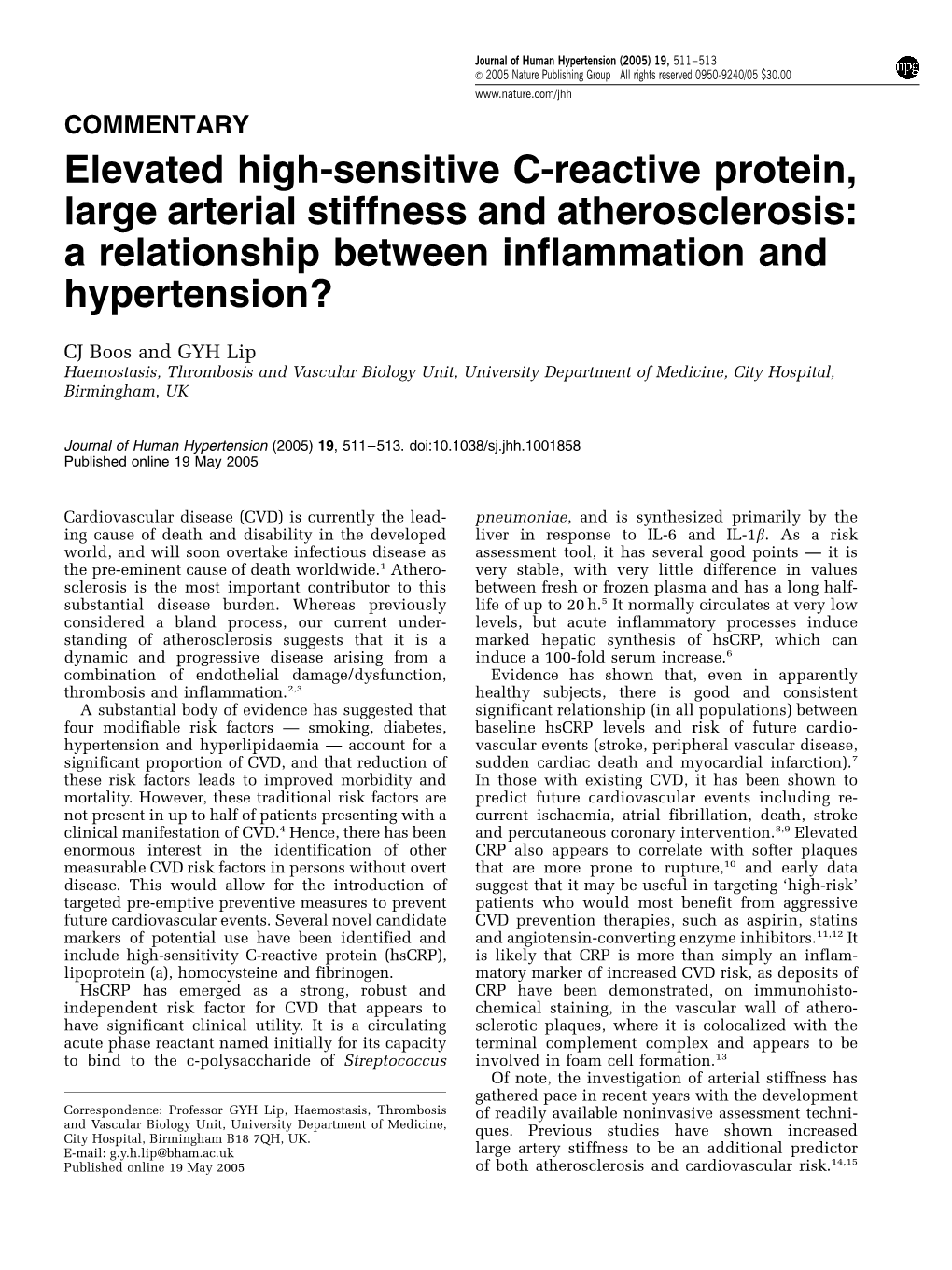 Elevated High-Sensitive C-Reactive Protein, Large Arterial Stiffness and Atherosclerosis: a Relationship Between Inflammation and Hypertension?