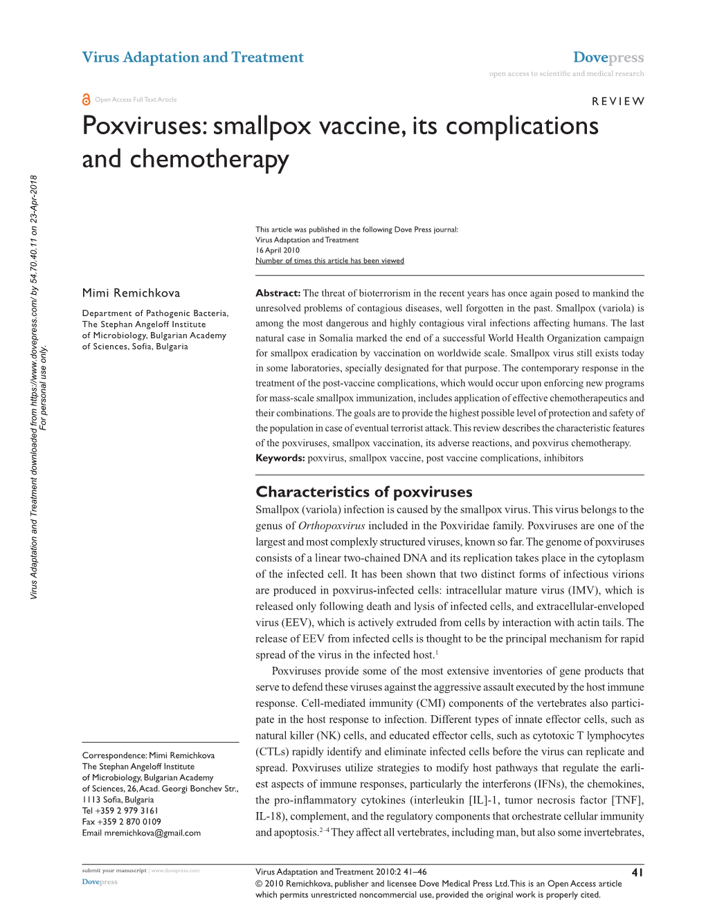 Poxviruses: Smallpox Vaccine, Its Complications and Chemotherapy