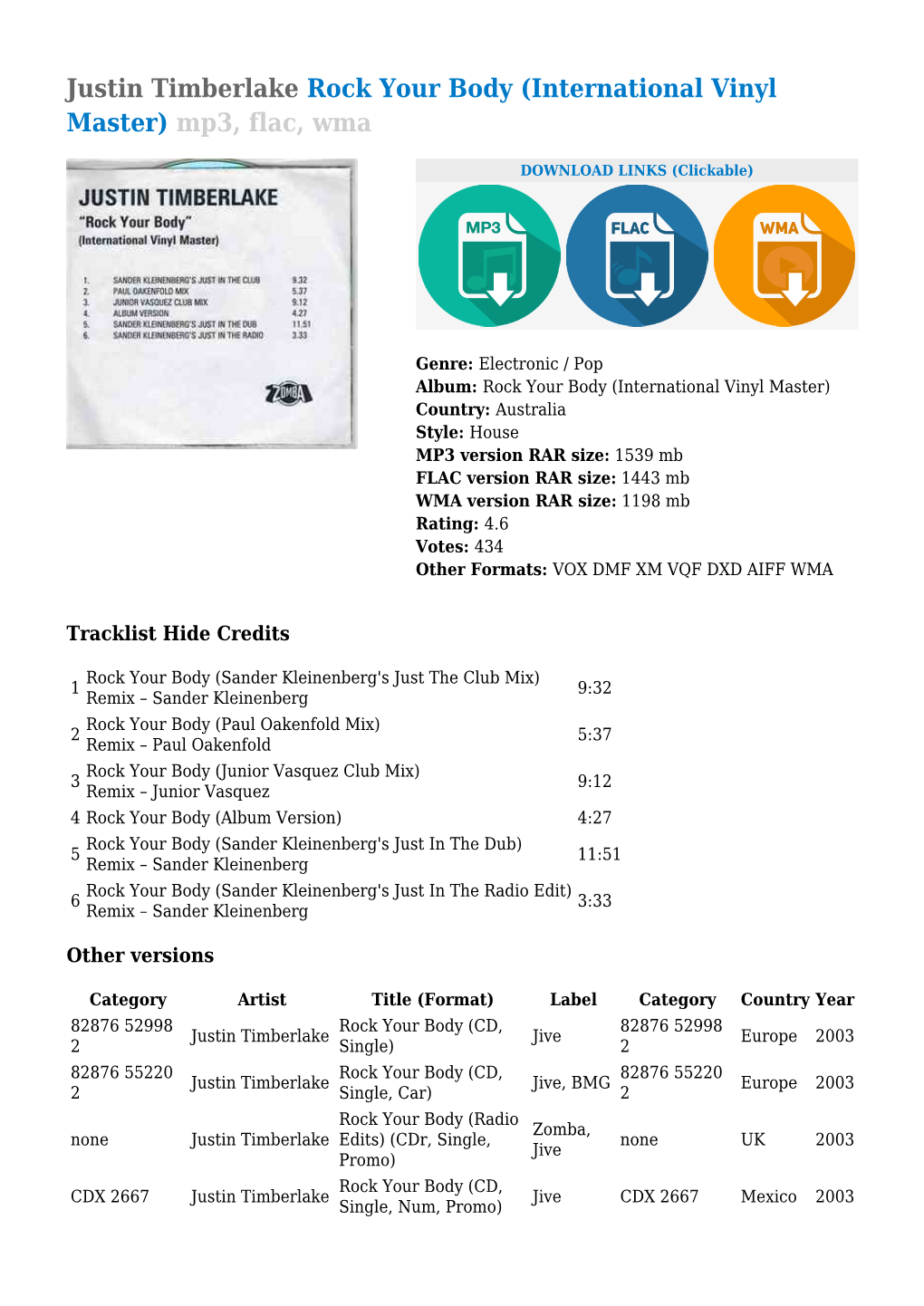 Justin Timberlake Rock Your Body (International Vinyl Master) Mp3, Flac, Wma