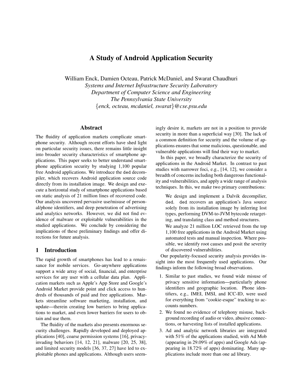 A Study of Android Application Security