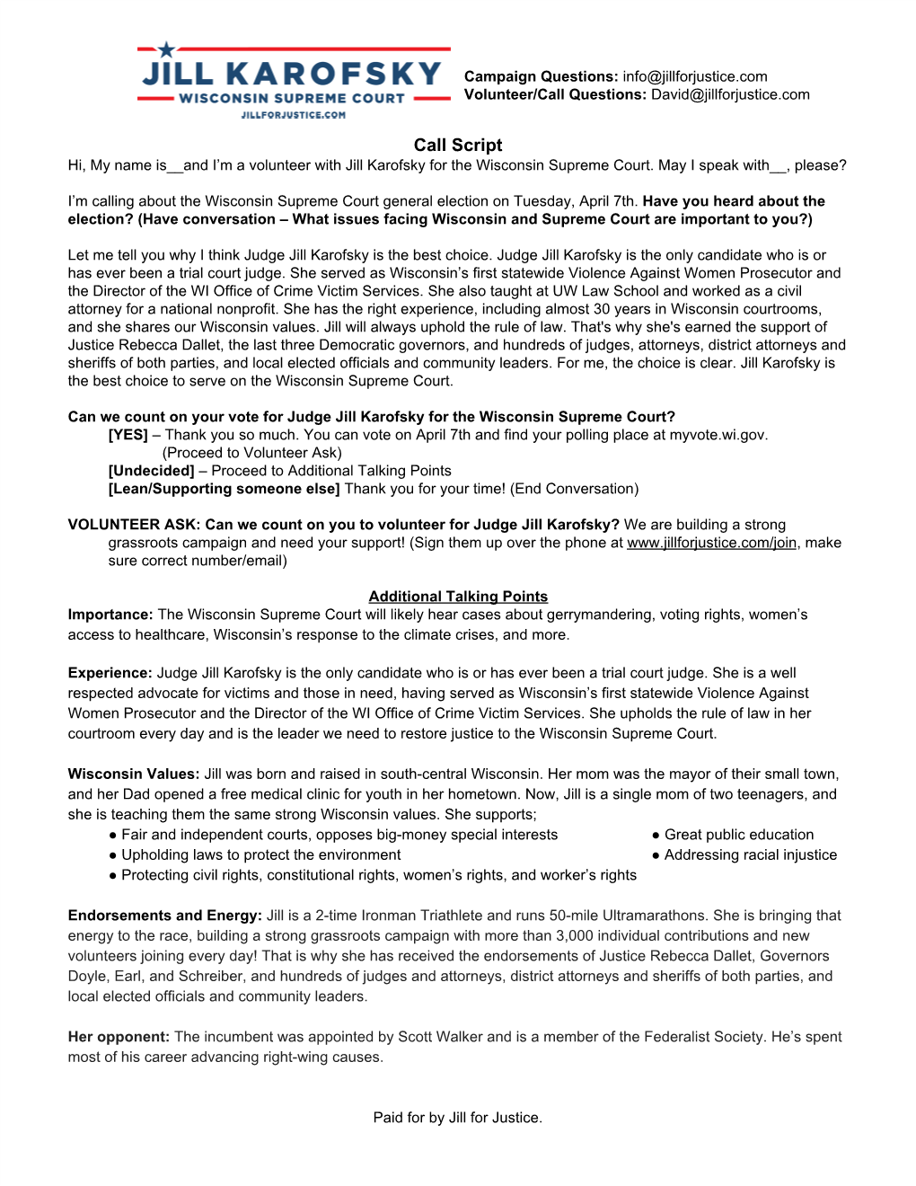 Call Script Hi, My Name Is__And I’M a Volunteer with Jill Karofsky for the Wisconsin Supreme Court