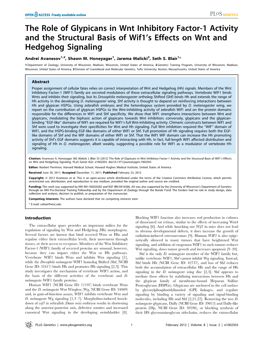 The Role of Glypicans in Wnt Inhibitory Factor-1 Activity and the Structural Basis of Wif1’S Effects on Wnt and Hedgehog Signaling