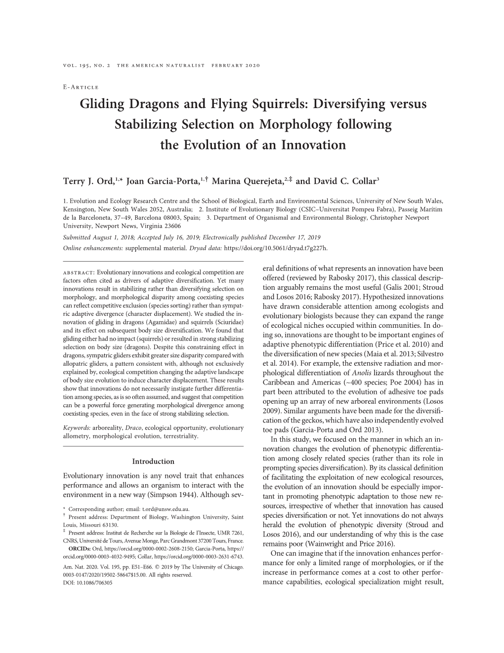 Gliding Dragons and Flying Squirrels: Diversifying Versus Stabilizing Selection on Morphology Following the Evolution of an Innovation