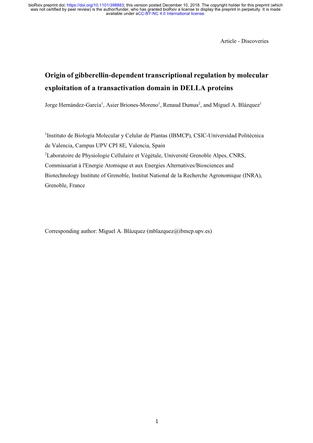 Origin of Gibberellin-Dependent Transcriptional Regulation by Molecular Exploitation of a Transactivation Domain in DELLA Proteins