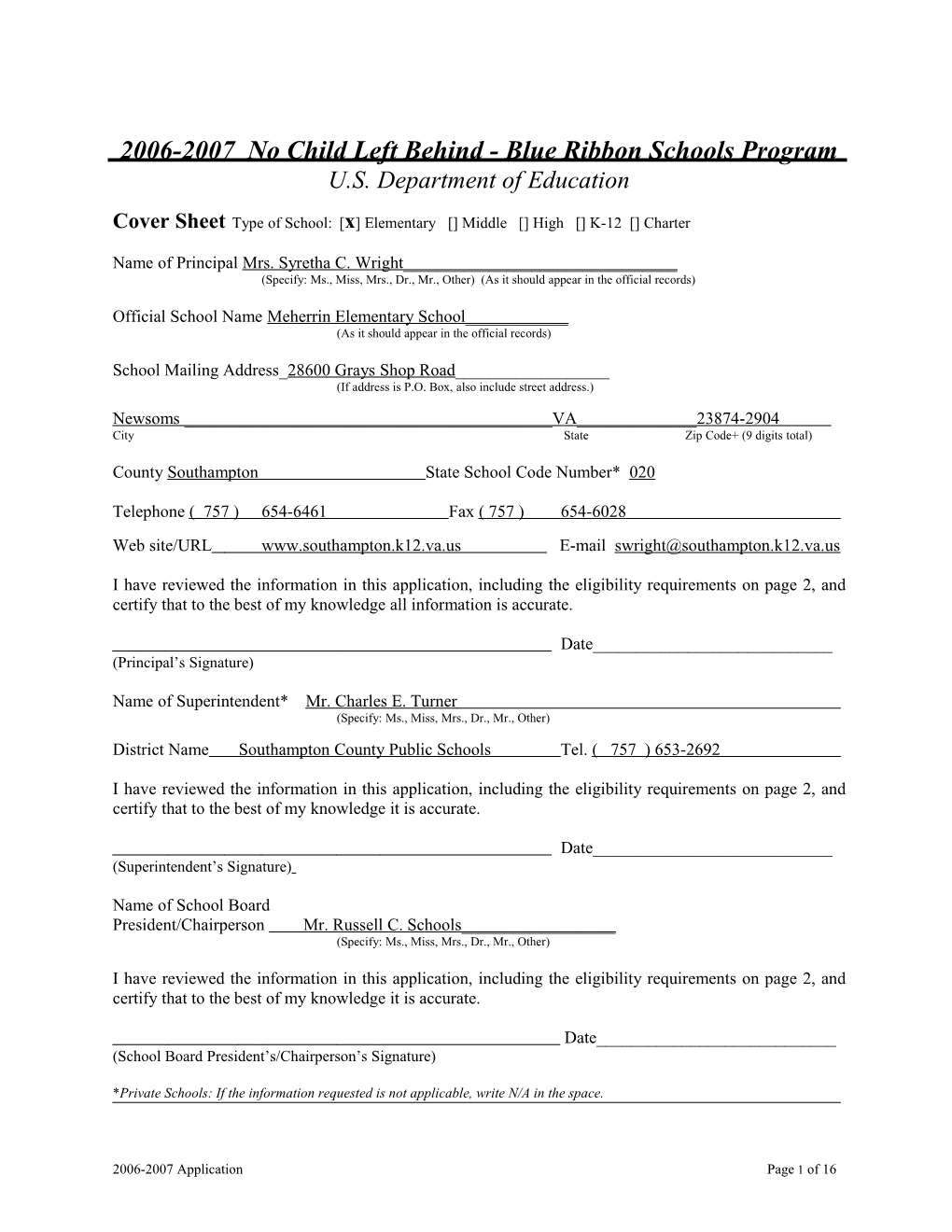 Application: 2006-2007, No Child Left Behind - Blue Ribbon Schools Program (MS Word) s13