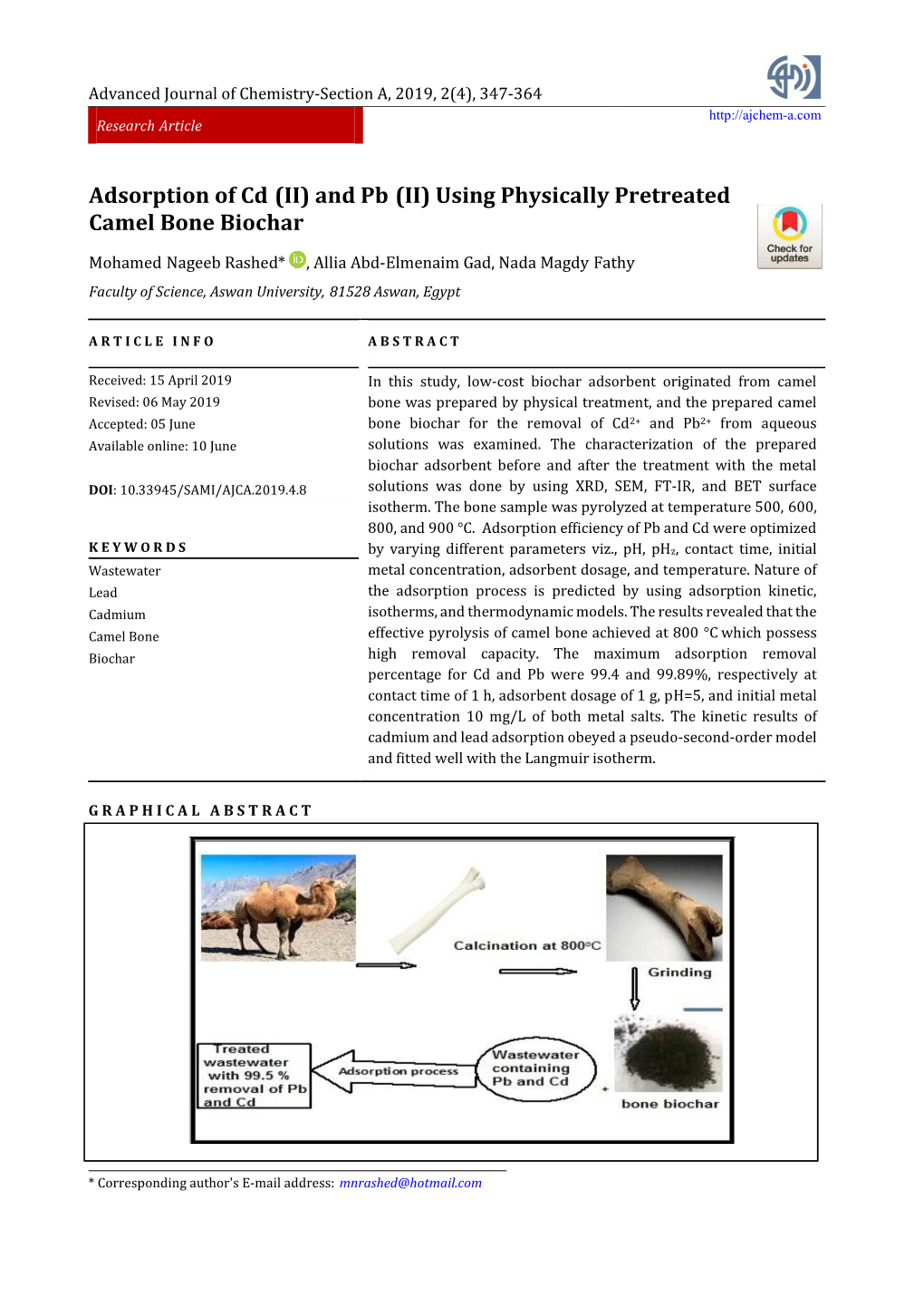 Adsorption of Cd (II) and Pb (II) Using Physically Pretreated Camel Bone Biochar