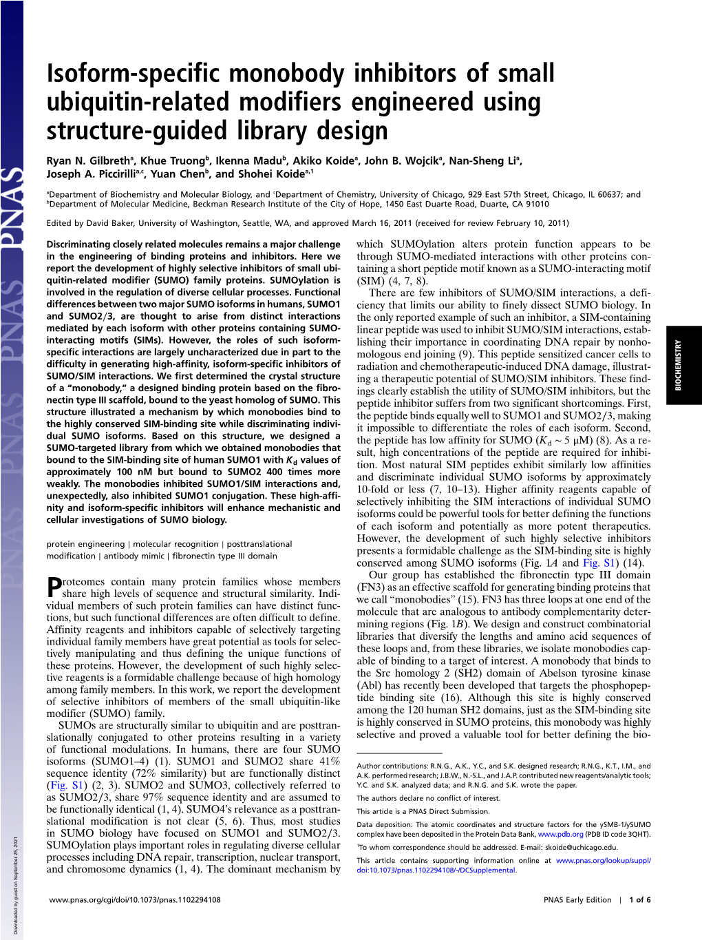 Isoform-Specific Monobody Inhibitors of Small Ubiquitin-Related Modifiers Engineered Using Structure-Guided Library Design