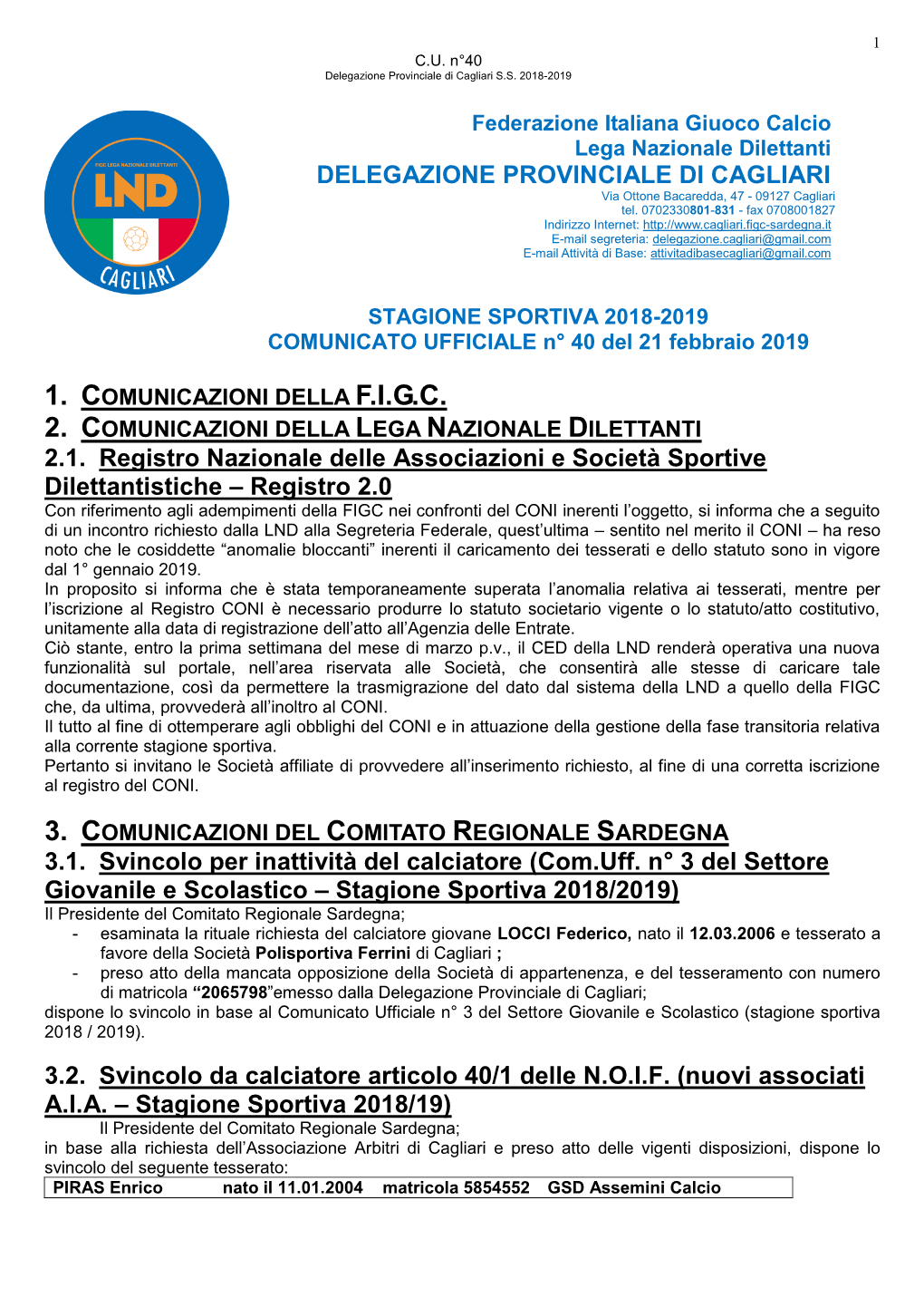 Comunicato Ufficiale N40-2018-2019