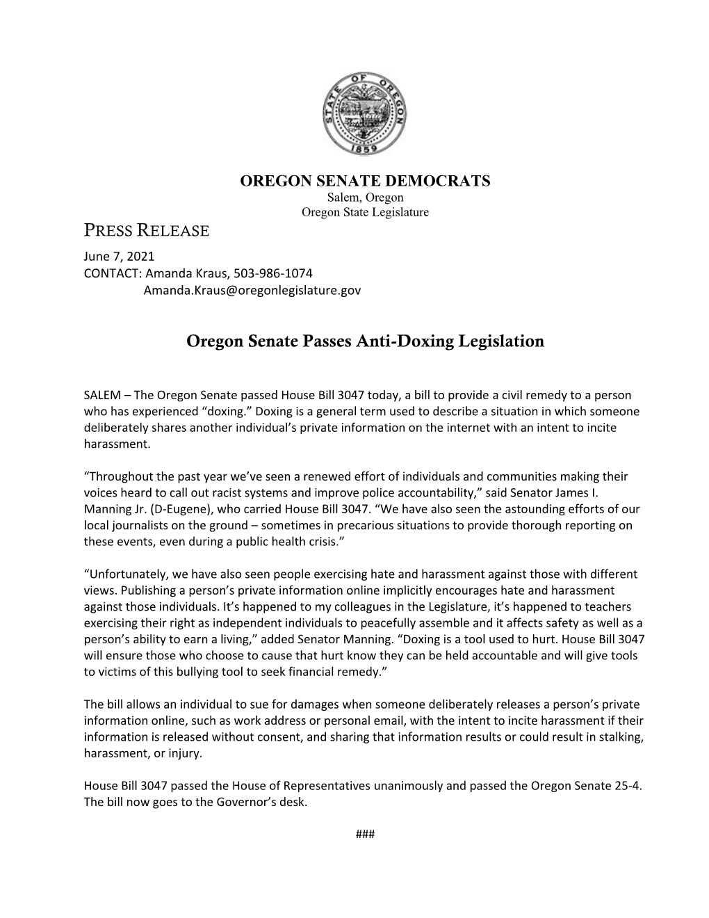 Oregon Senate Passes Anti-Doxing Legislation