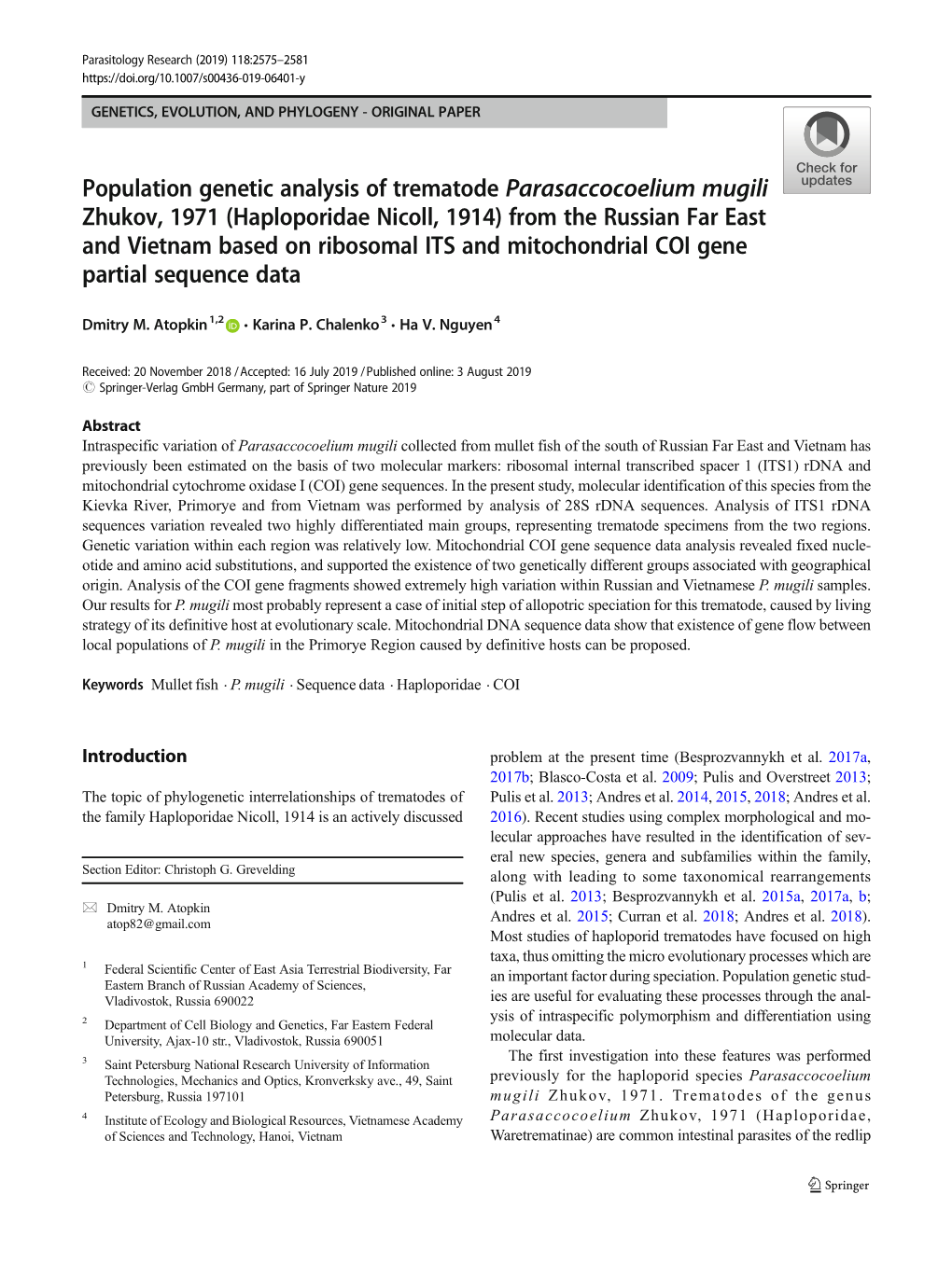 Population Genetic Analysis of Trematode Parasaccocoelium Mugili Zhukov, 1971 (Haploporidae Nicoll, 1914) from the Russian Far E