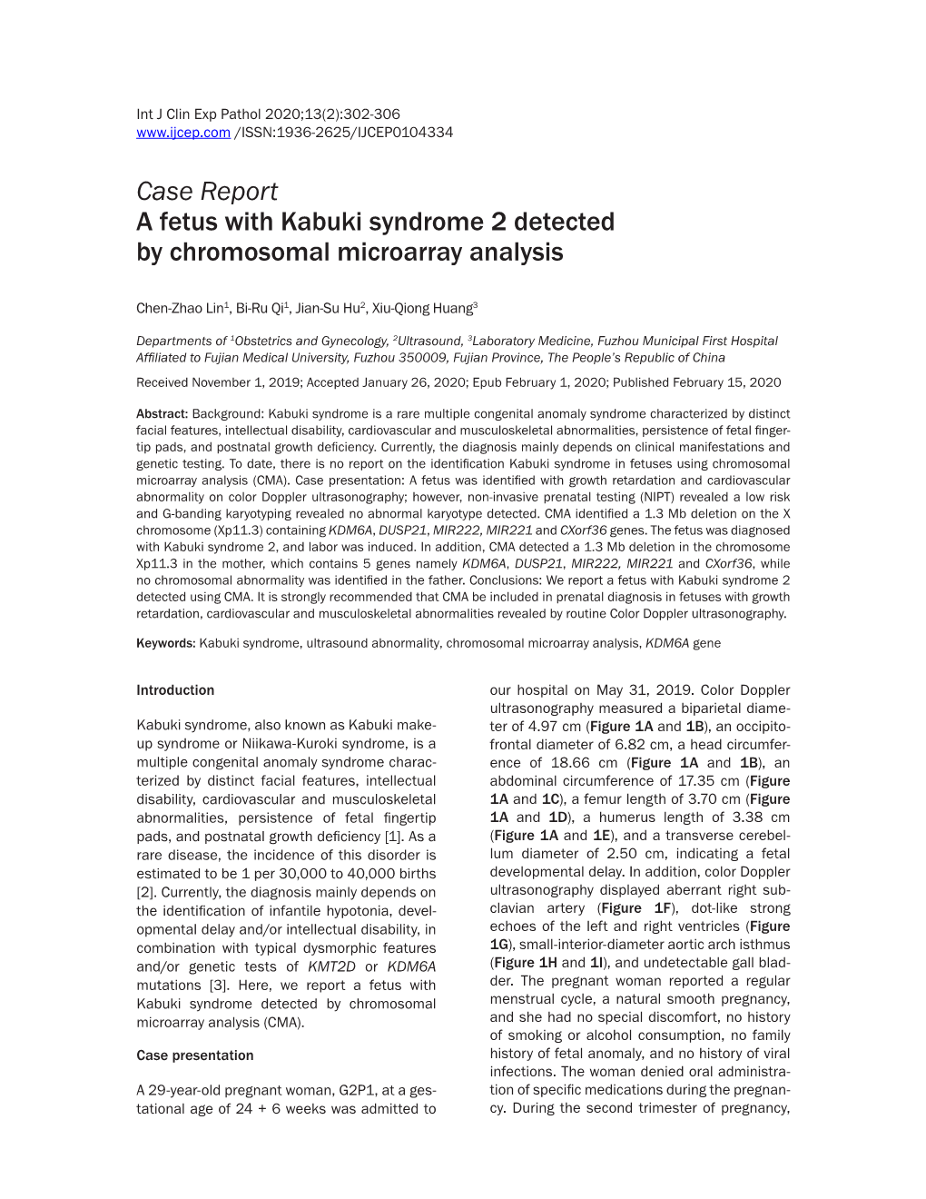 Case Report a Fetus with Kabuki Syndrome 2 Detected by Chromosomal Microarray Analysis