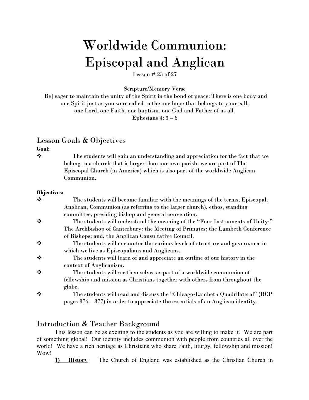 Worldwide Communion: Episcopal and Anglican Lesson # 23 of 27